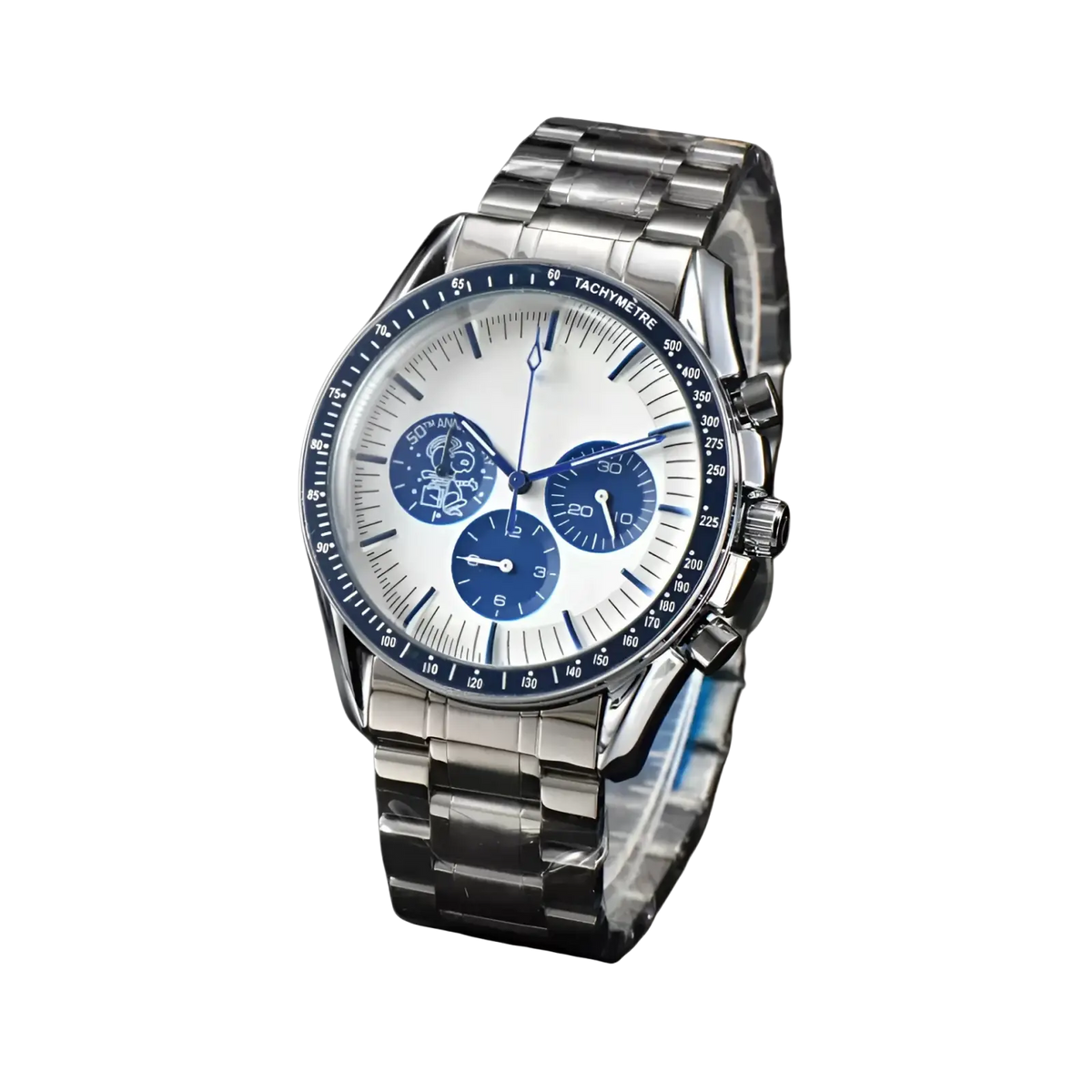 Men silver chronograph quartz watch with stainless steel case white dial and blue subdials and bezel markings