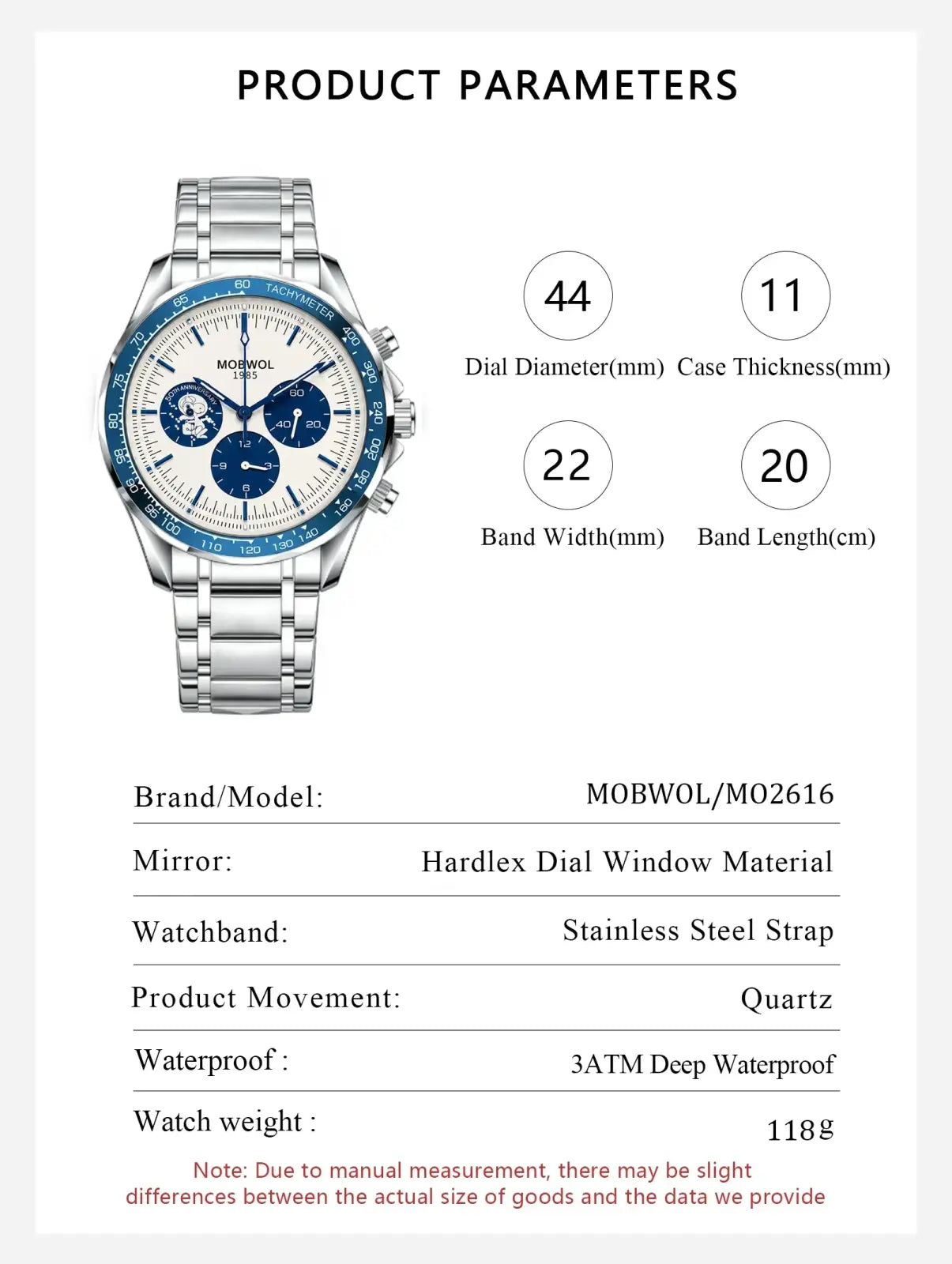 Men silver chronograph quartz watch with a white dial, blue accents, and stainless steel metal bracelet