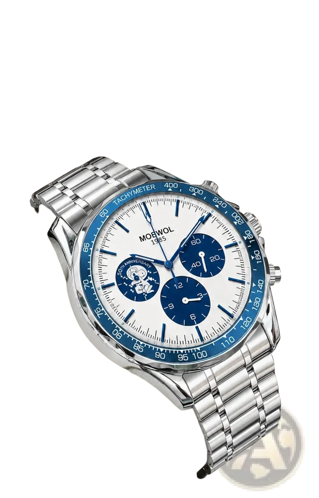Men silver chronograph quartz watch stainless steel with white dial blue subdials bezel by mobwol