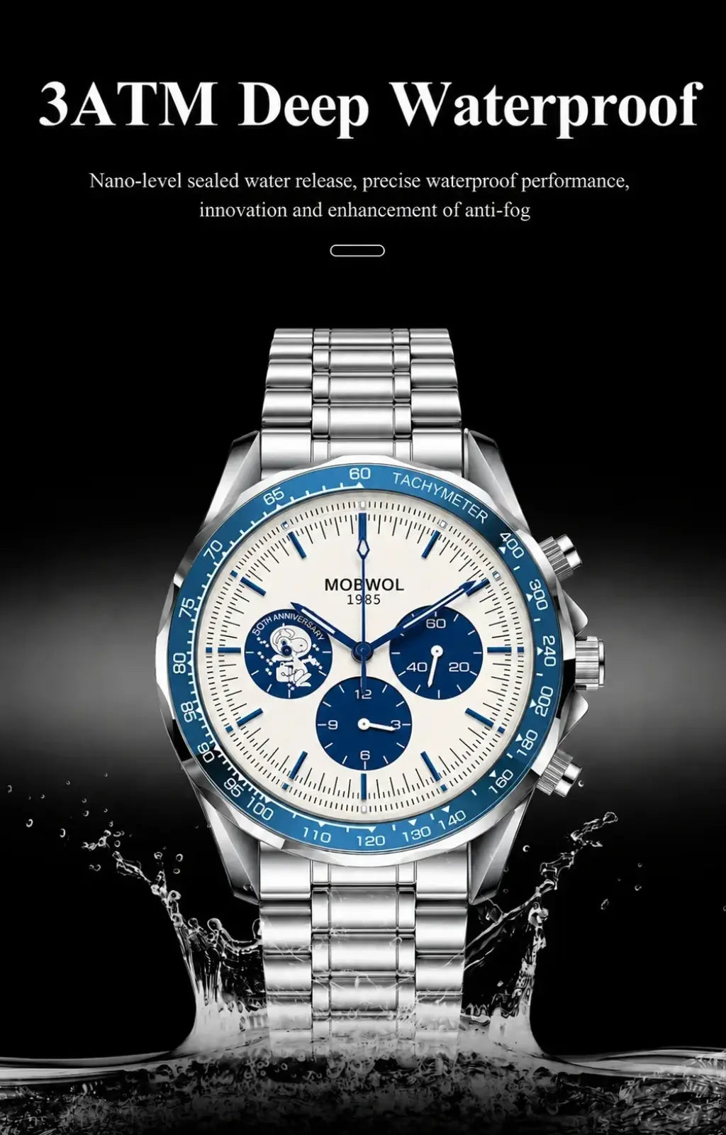 Men silver chronograph quartz watch in stainless steel with white dial and blue subdials and bezel by mobwol 1985
