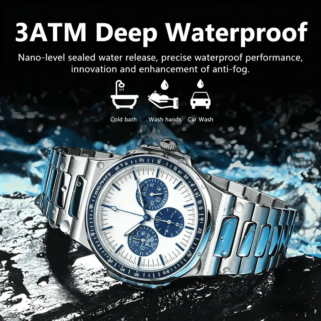 Men silver chronograph quartz watch stainless steel with white dial and blue subdials and hour markers