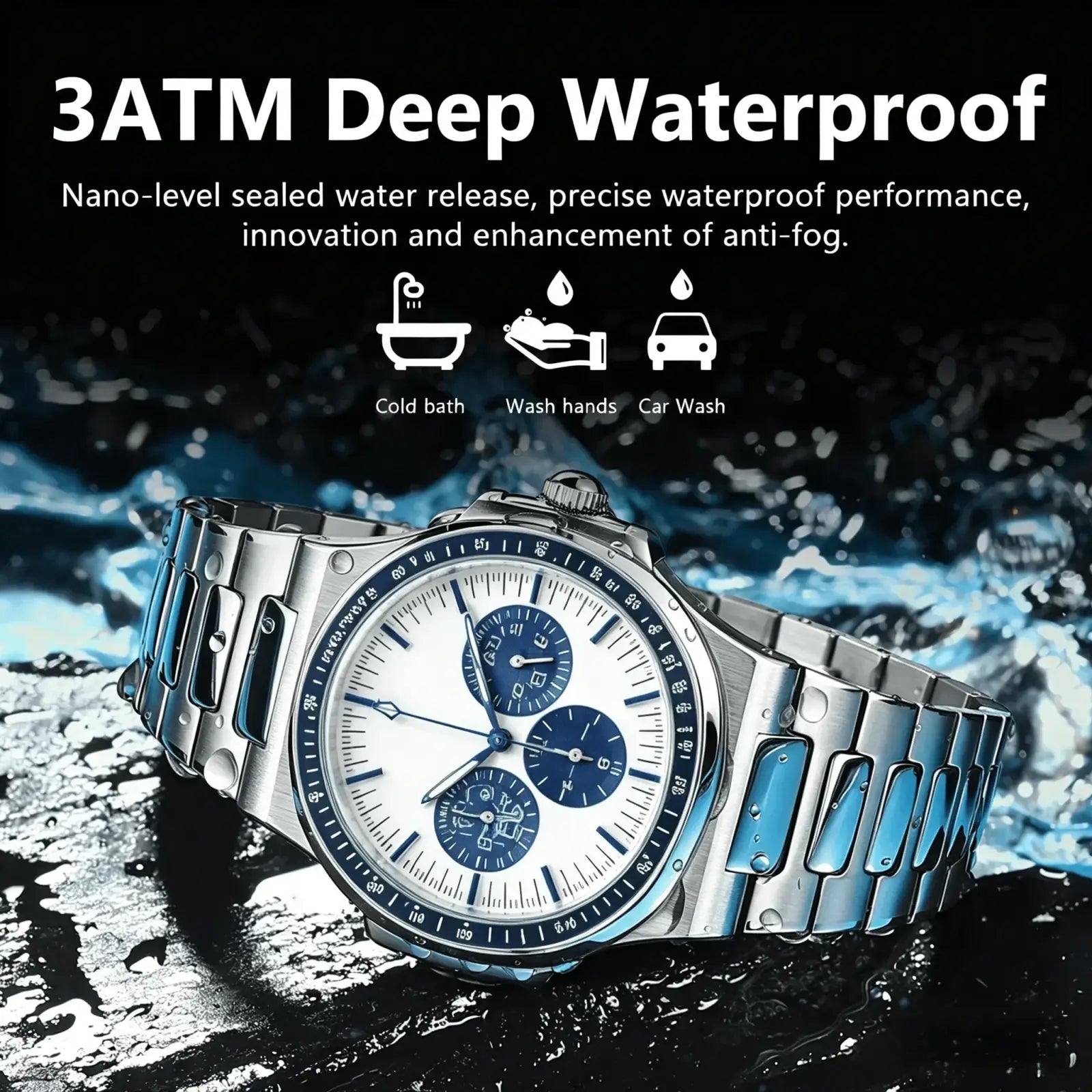 Men silver chronograph quartz watch stainless steel with white dial and blue subdials and hour markers