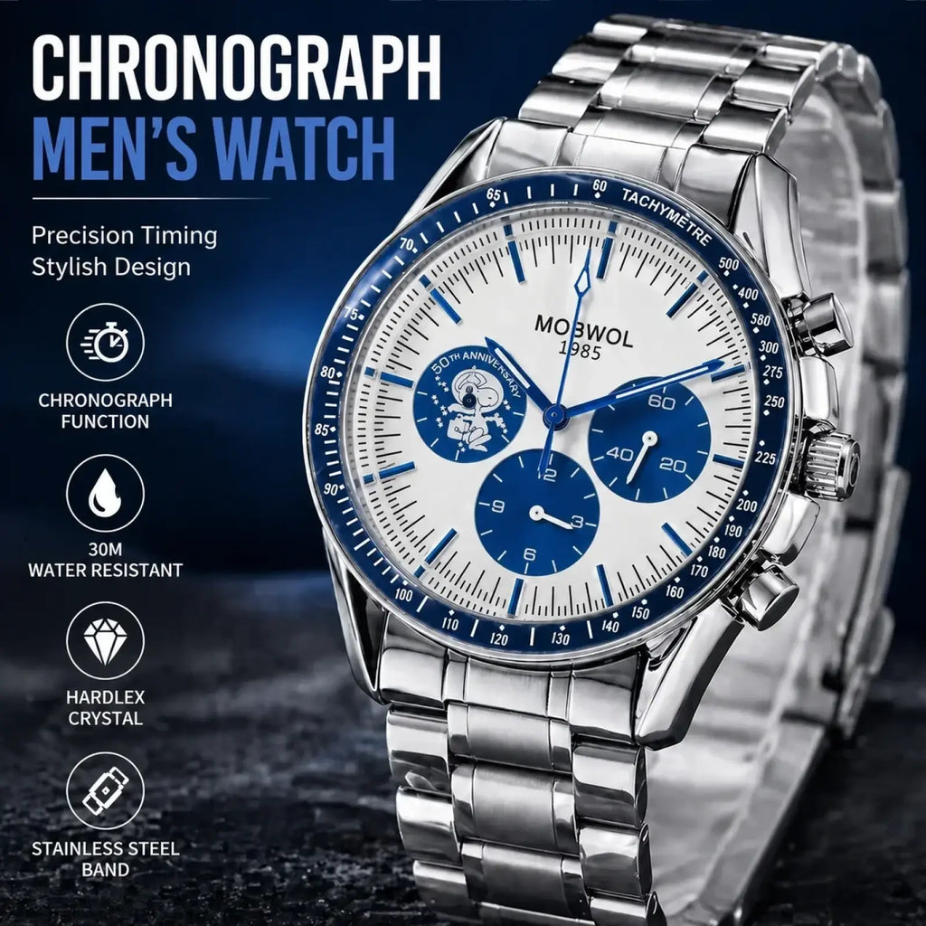 Men silver chronograph quartz watch with white dial blue bezel accents and stainless steel band for formal wear