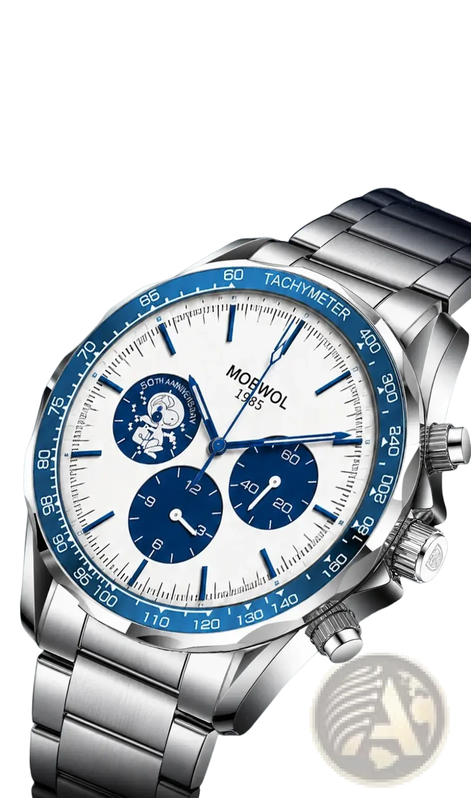 Men silver chronograph quartz watch stainless steel with white dial blue subdials bezel and tachymeter scale