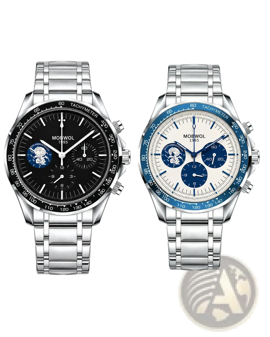 Men silver chronograph quartz watches with black and white dials blue bezel accents and stainless steel bracelet