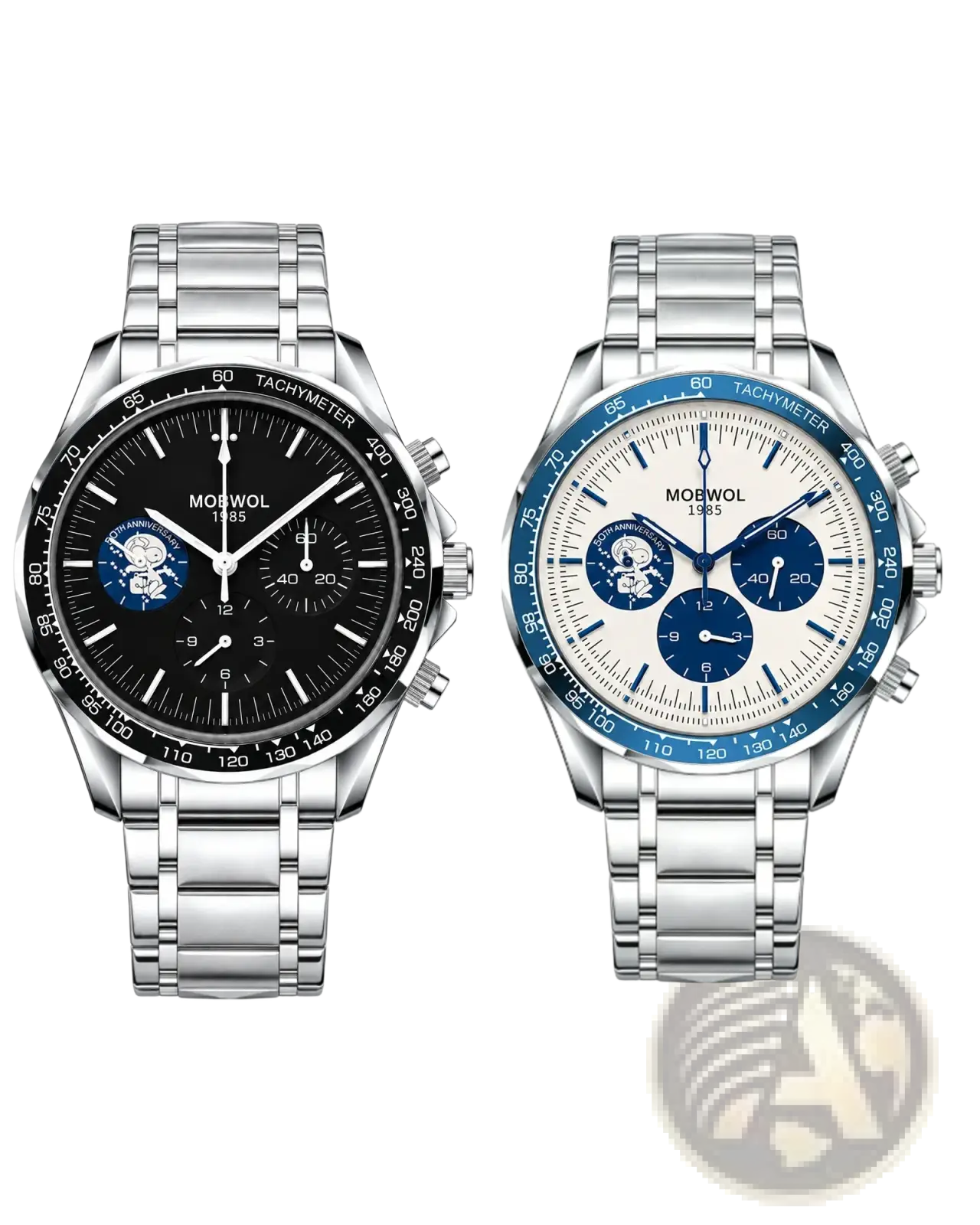 Men silver chronograph quartz watches with black and white dials blue bezel accents and stainless steel bracelet