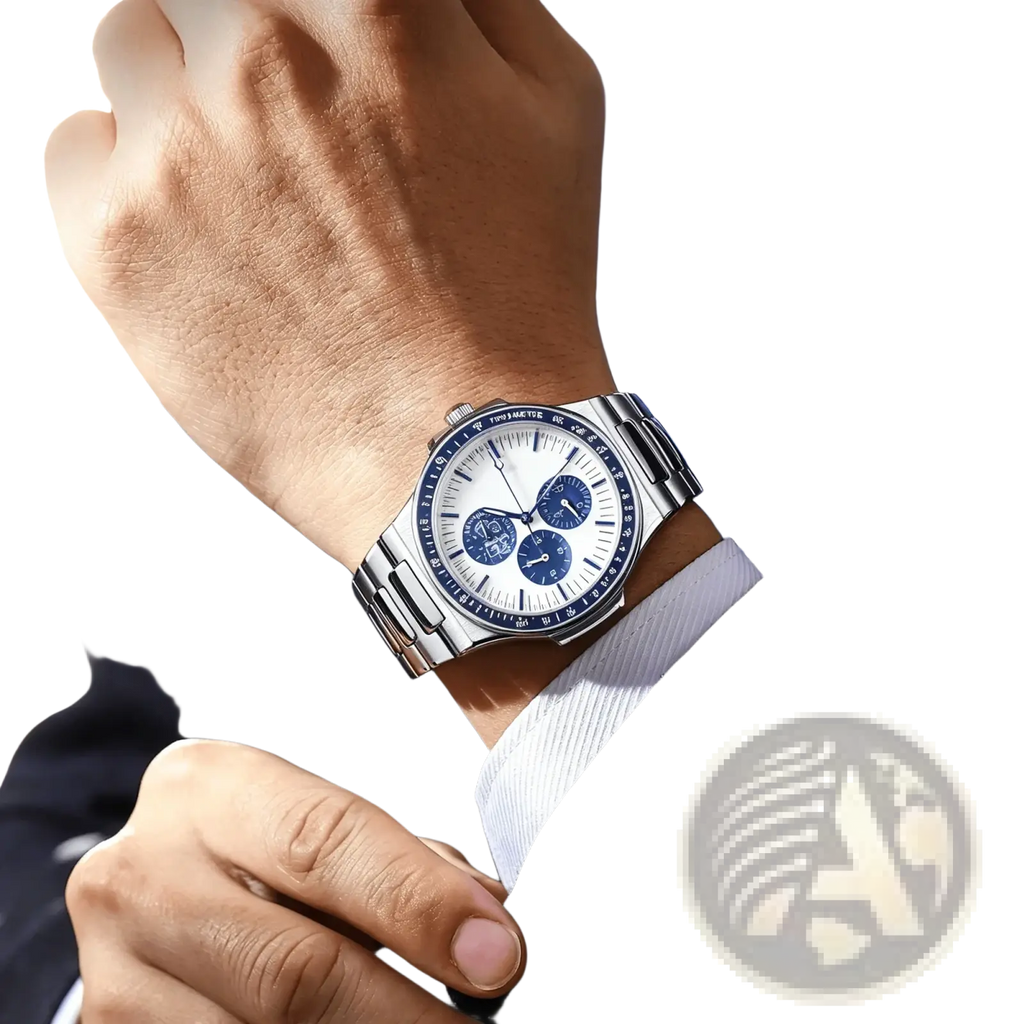 Men silver chronograph quartz watch with stainless steel case white dial and blue subdials and bezel markings