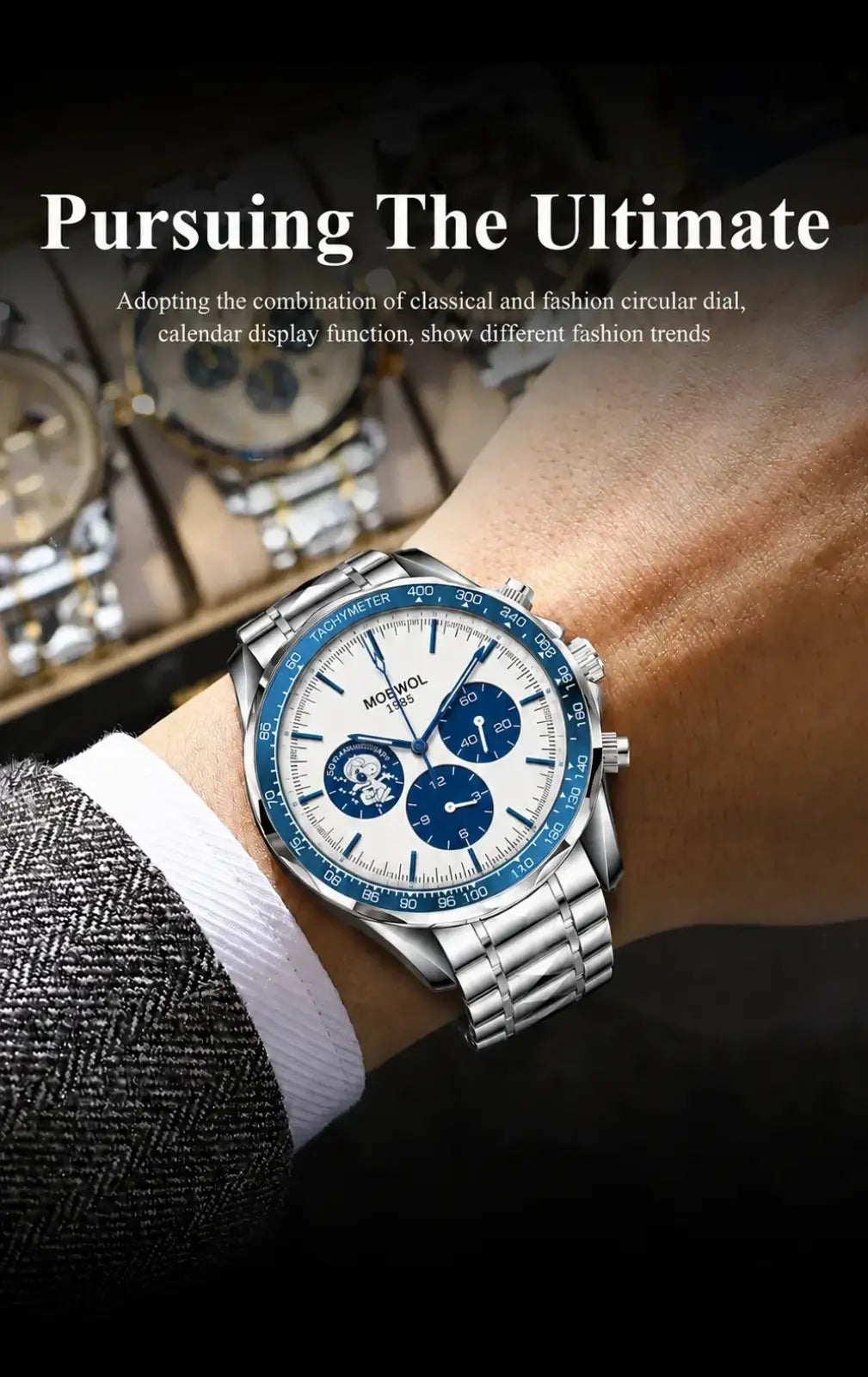 Men silver chronograph quartz watch stainless steel with white dial blue subdials bezel featuring morolo brand name
