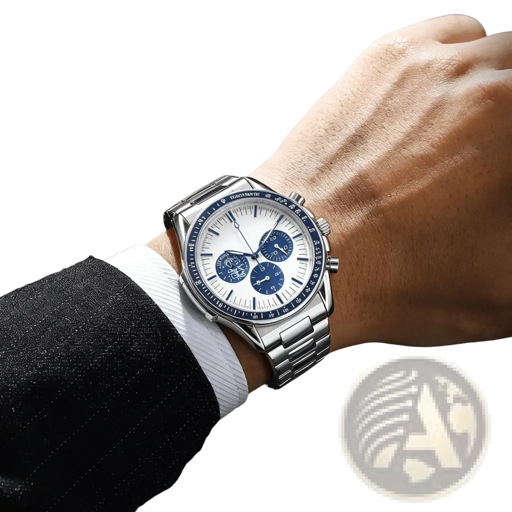 Men silver chronograph quartz watch with white dial blue subdials and stainless steel bracelet worn on wrist