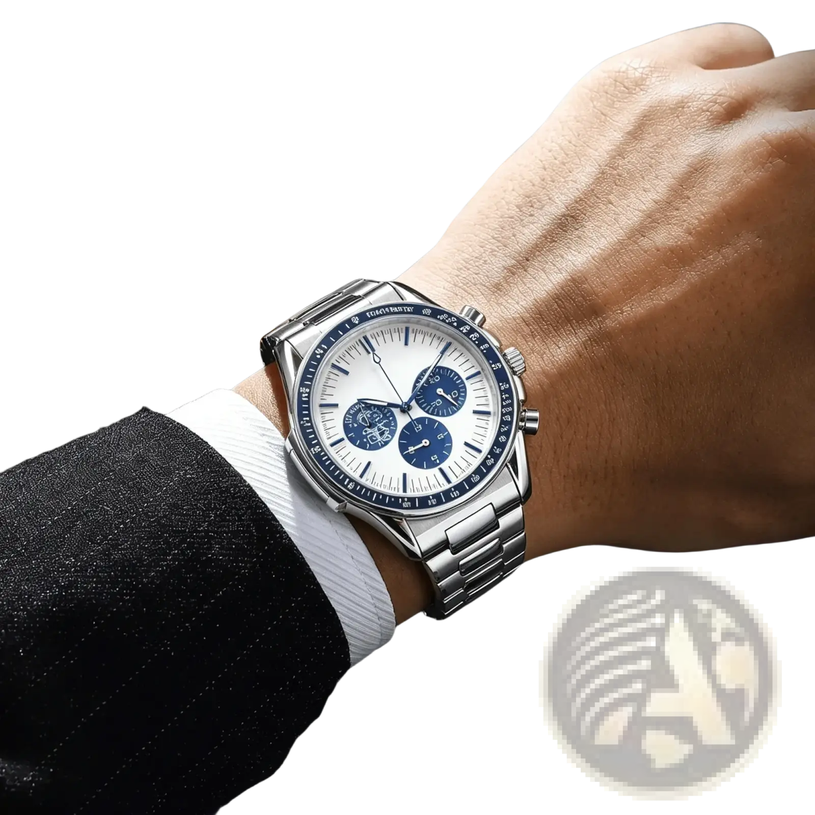 Men silver chronograph quartz watch with white dial blue subdials and stainless steel bracelet worn on wrist