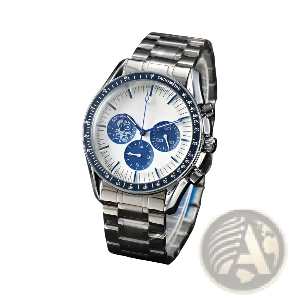 Men silver chronograph quartz watch with stainless steel case white dial and blue subdials and bezel markings