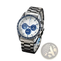 Men silver chronograph quartz watch with stainless steel case white dial and blue subdials and bezel markings