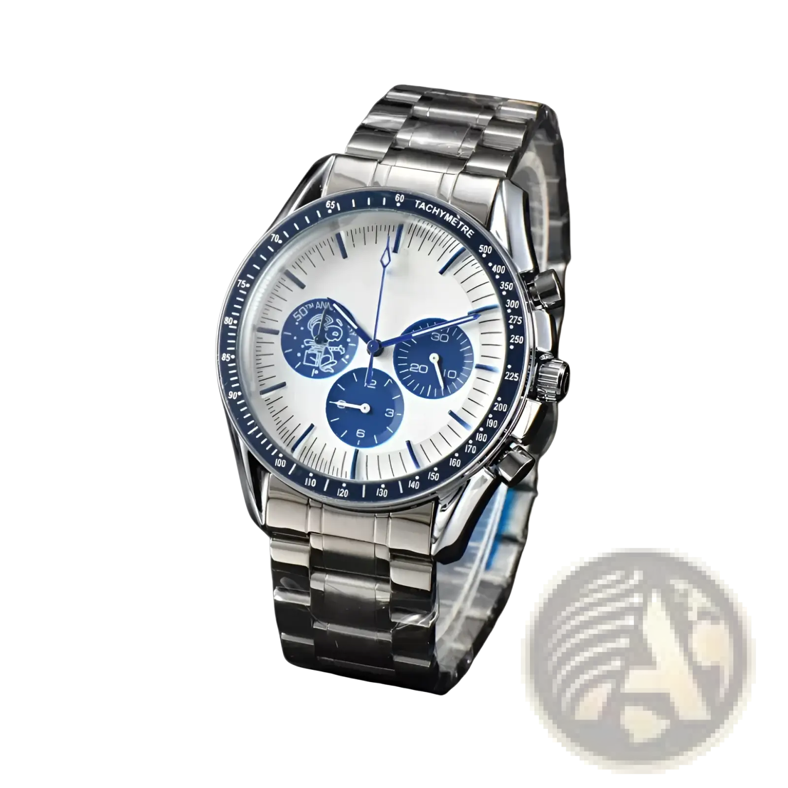 Men silver chronograph quartz watch with stainless steel case white dial and blue subdials and bezel markings