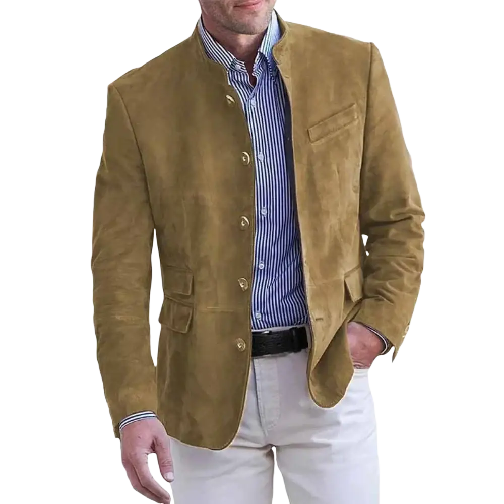 A tan suede single breasted blazer with gold toned buttons and a stand collar for men