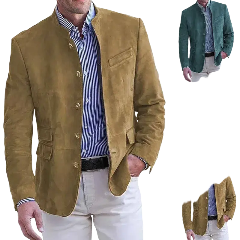 Tan suede men single breasted blazer with classic collar and button closure for a stylish formal look