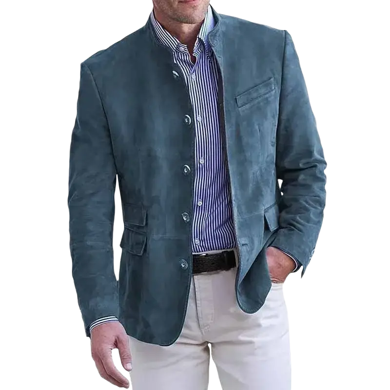 Teal single breasted suede blazer with stand collar and button closures for men in a formal style