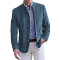 Teal single breasted suede blazer with stand collar and button closures for men in a formal style