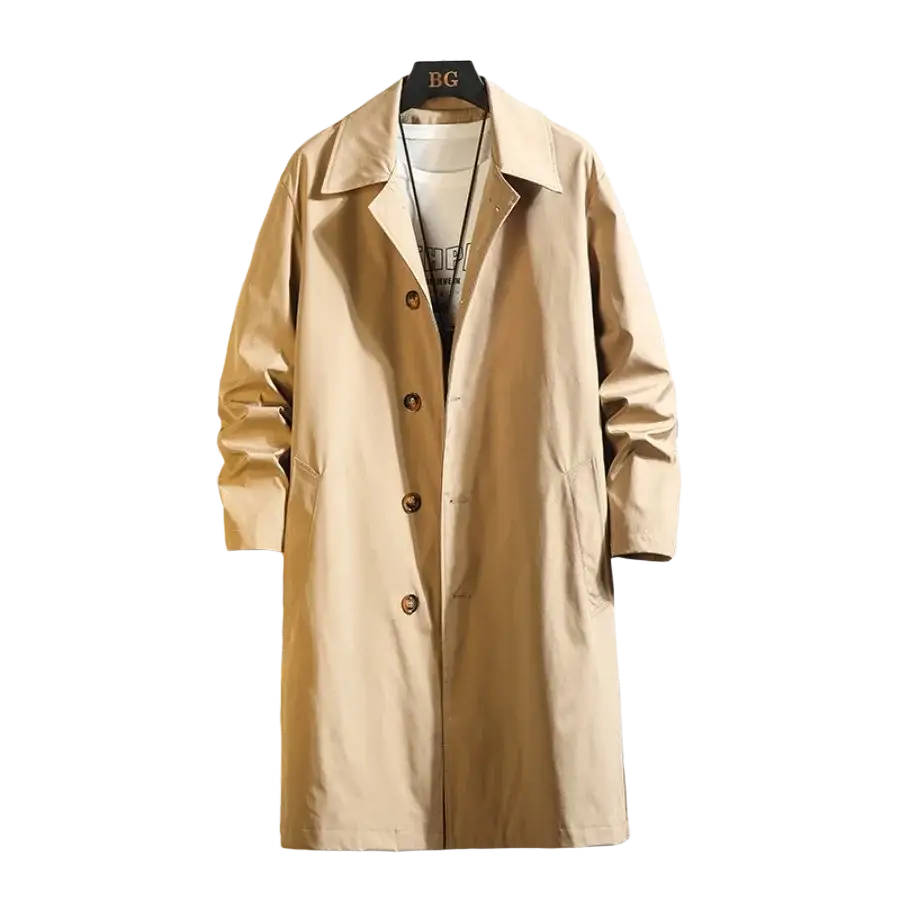 Beige single breasted men trench coat with classic collar button closures and subtle stitching details for delivery protection time