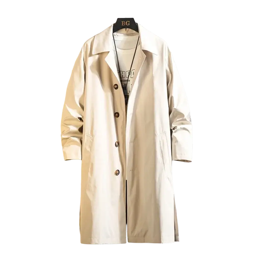 Beige men single breasted trench coat with classic collar and buttoned front designed for stylish delivery protection time