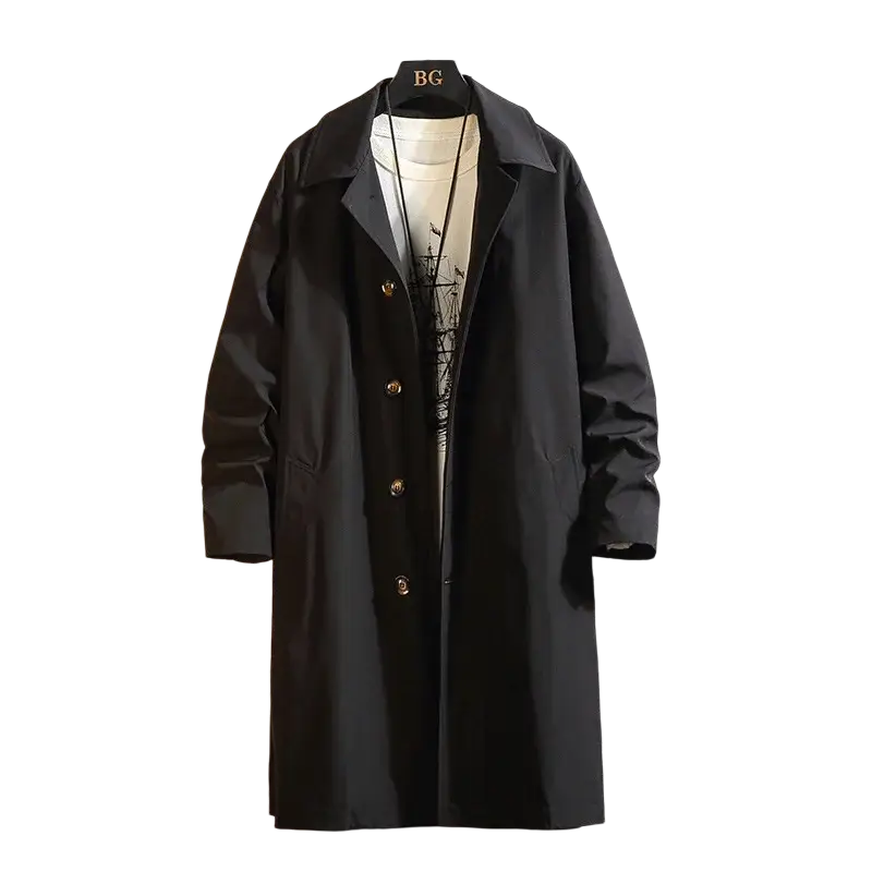 Black single breasted trench coat with gold toned buttons and classic collar hanging on a hanger for delivery protection time