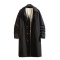 Black single breasted trench coat with gold toned buttons and classic collar hanging on a hanger for delivery protection time