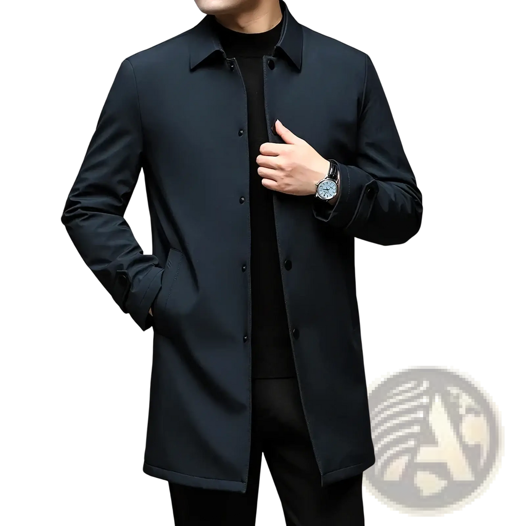 Men single breasted trench coat black button up with sleek modern design and subtle textured fabric for casual wear