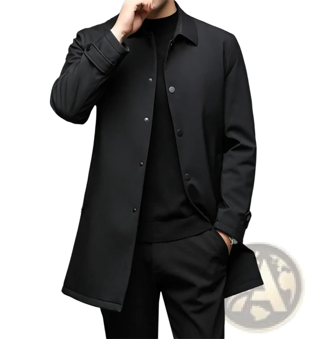 Men single breasted black trench coat with sleek modern design and subtle button detailing for casual wear
