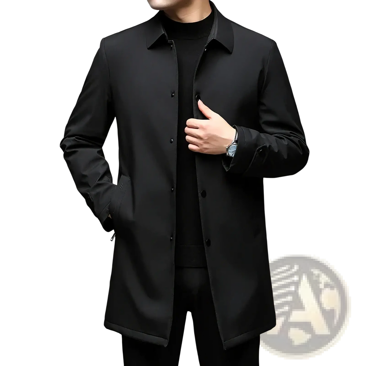 Men single breasted trench coat black button up with sleek modern design and subtle texture for casual windbreaker use