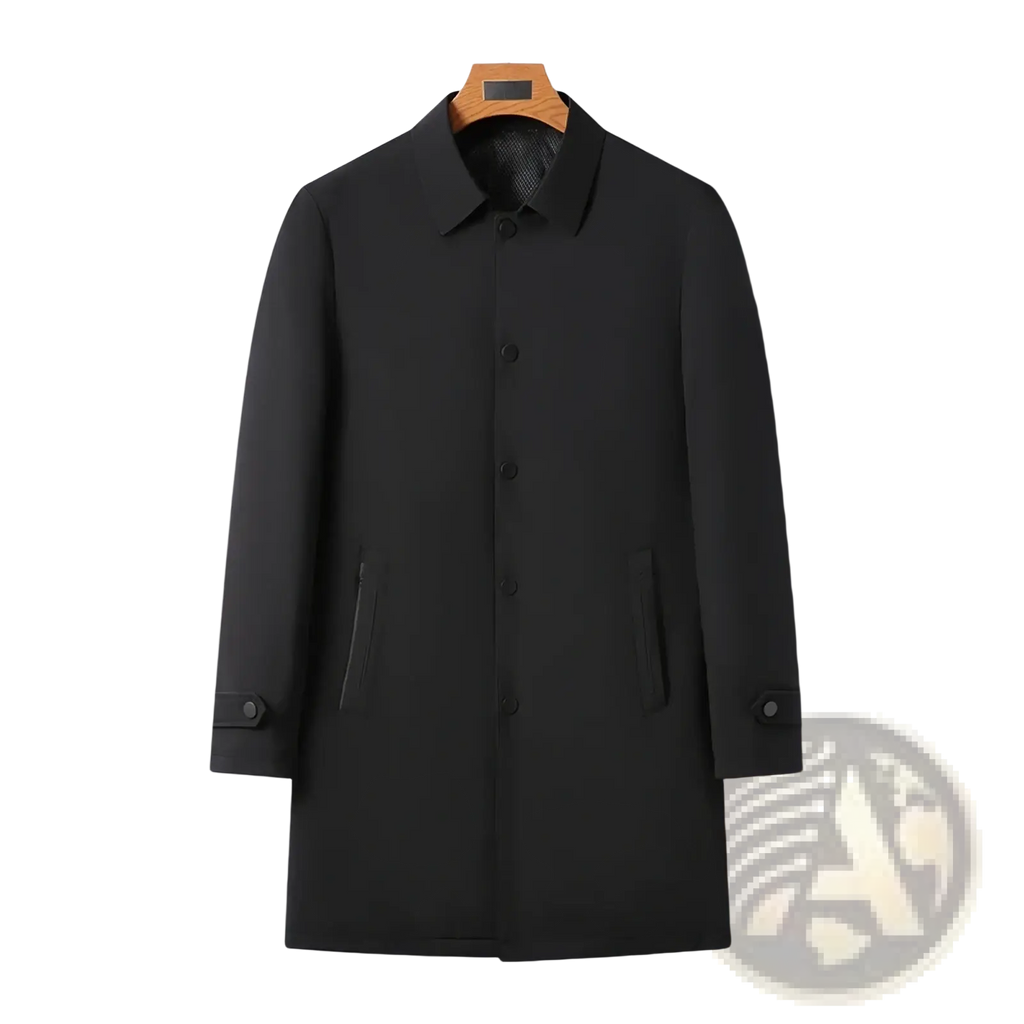 Dark gray sleek men single breasted trench coat with classic collar and button closure for casual windbreaker use