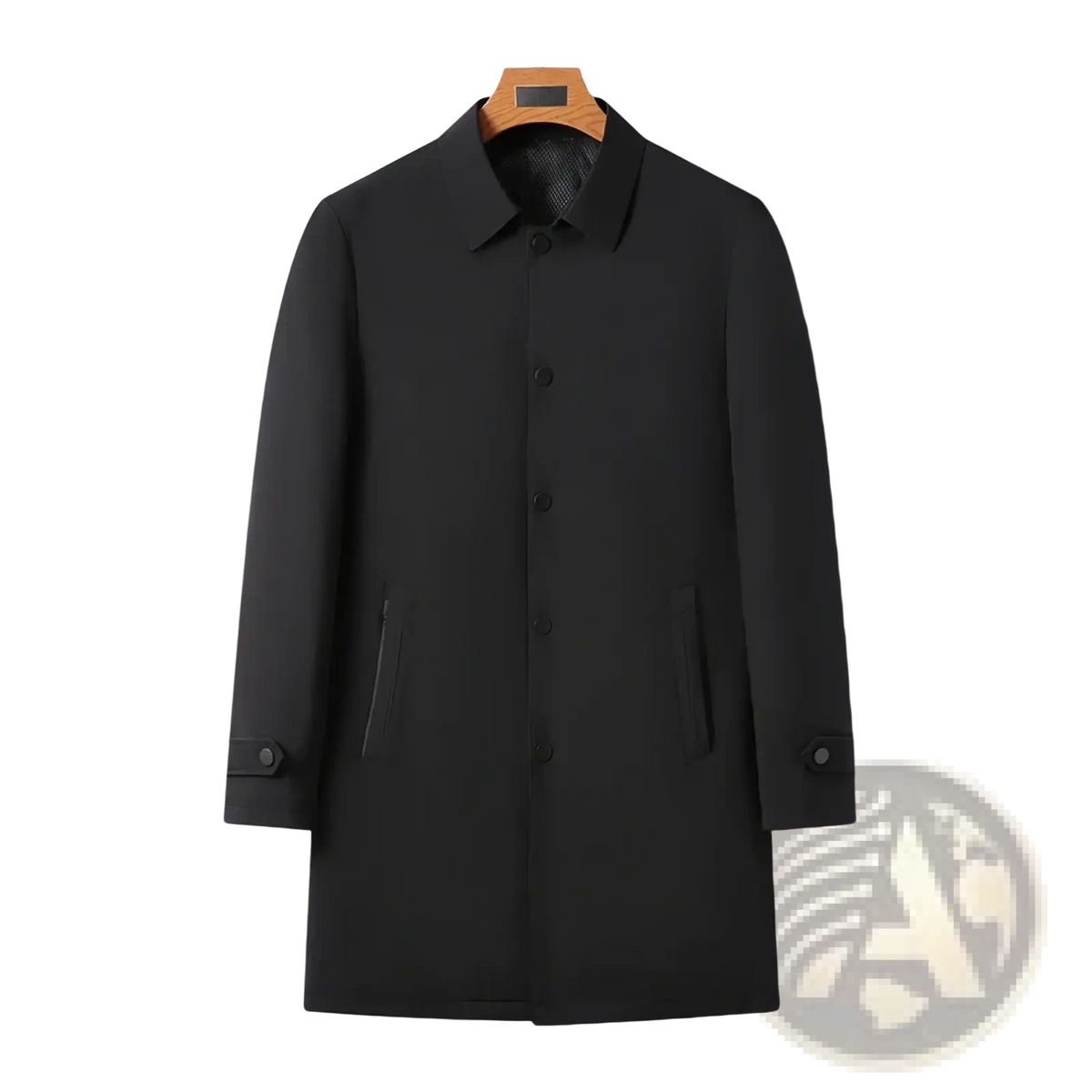 Dark gray sleek men single breasted trench coat with classic collar and button closure for casual windbreaker use