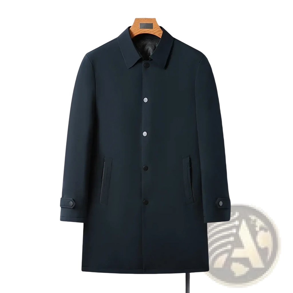 Men single breasted trench coat in dark green with sleek button-up front, classic collar, and two front pockets