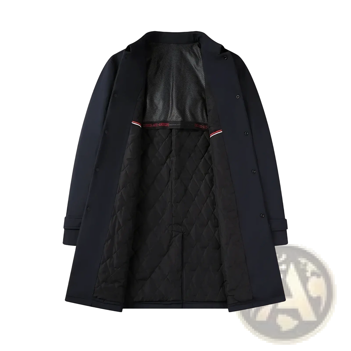 Men single breasted trench coat dark navy wool blend with quilted black interior and red and white collar trim