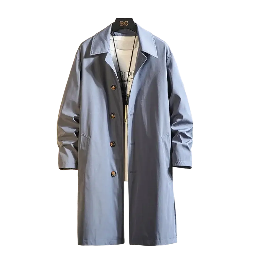 Men single breasted trench coat in light blue with classic collar and dark brown buttons offering delivery protection time