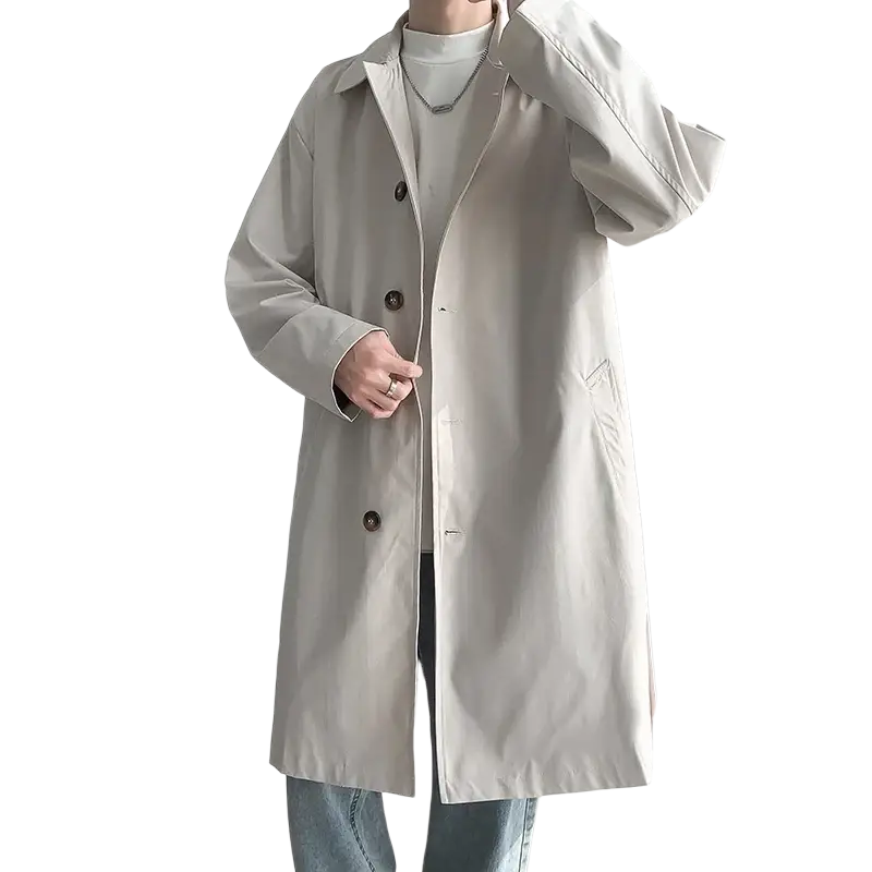 Beige single breasted men trench coat with dark brown buttons and classic collar for casual windbreaker use