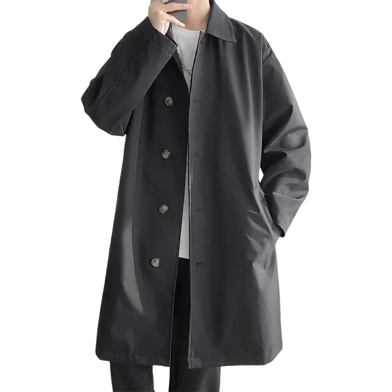 Black single breasted loose casual trench coat with classic collar and matching buttons for men windbreaker