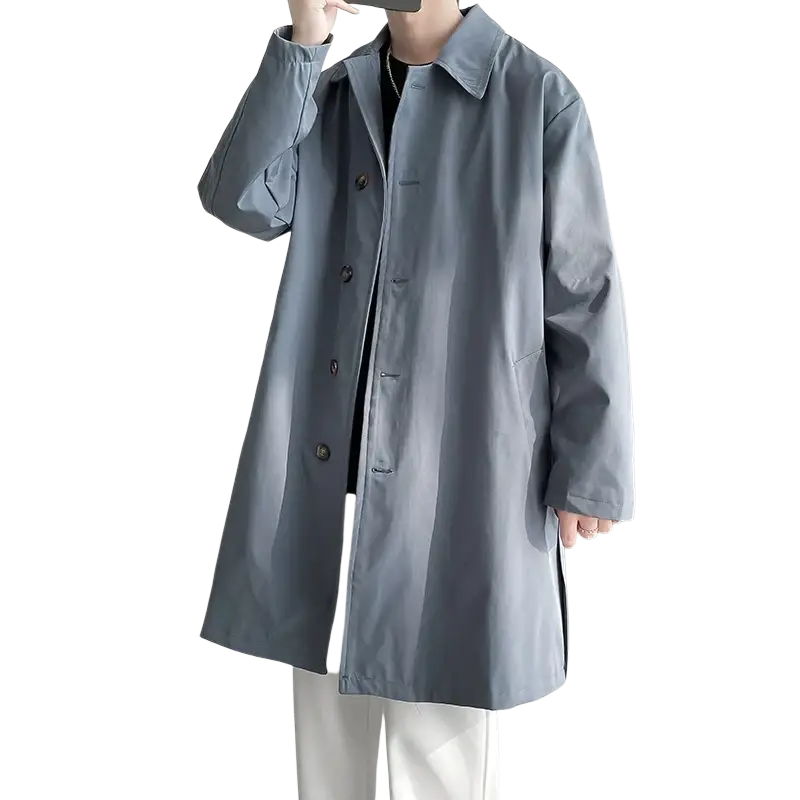 A sleek light gray single breasted men trench coat with classic collar and dark buttons for casual windbreaker use
