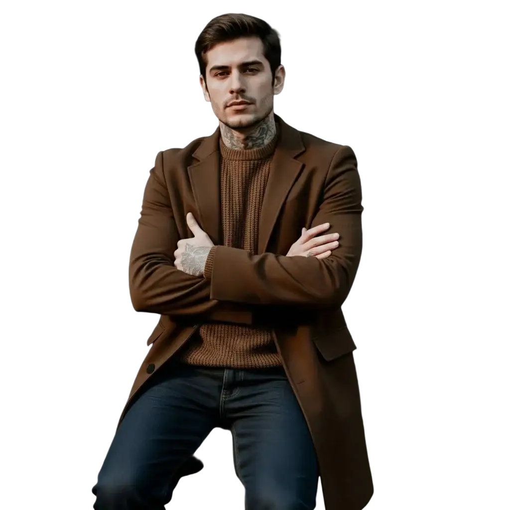 Brown single breasted woolen winter overcoat paired with a textured knit turtleneck for men
