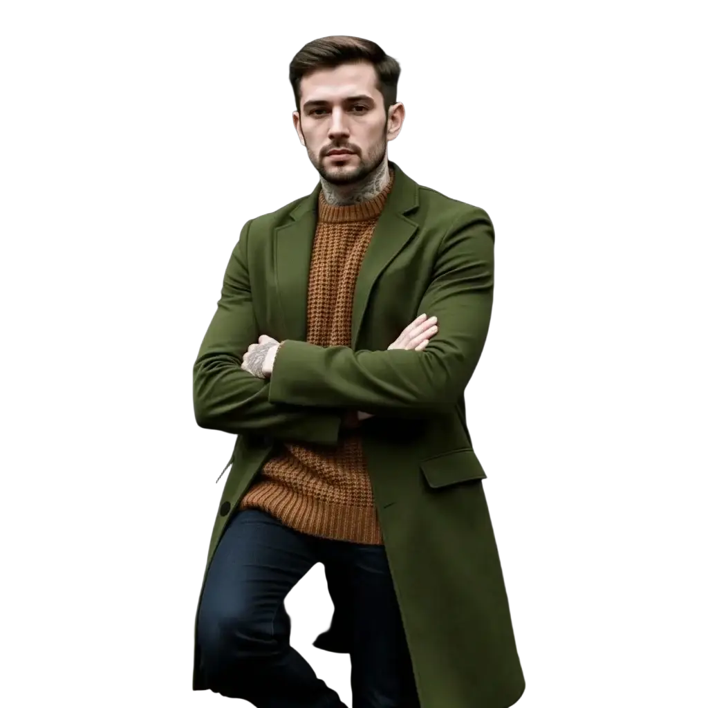 Olive green single breasted woolen overcoat for men with structured collar and front button closure for winter wear