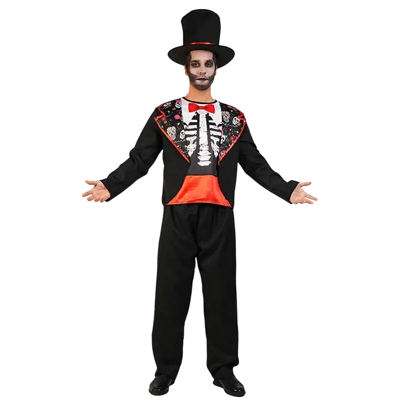 Men skeleton costume with top hat in black formal fabric featuring red accents and floral embroidery details
