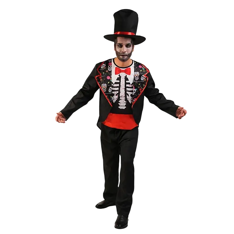 Men skeleton costume featuring a black top hat with red band worn by a person in skeleton-themed attire