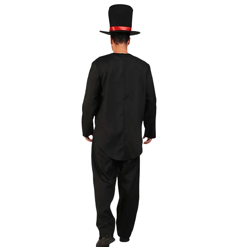 Black top hat with red ribbon band as part of men skeleton costume suitable for halloween or themed events