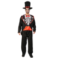 Men skeleton costume featuring black fabric with red accents floral embroidery top hat and bow tie