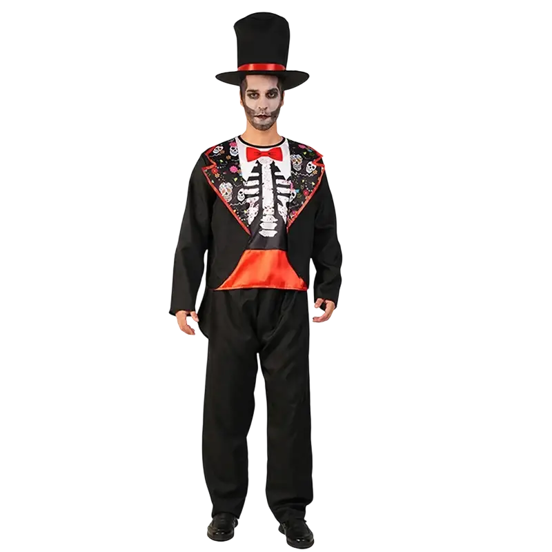Men skeleton costume featuring black fabric with red accents floral embroidery top hat and bow tie
