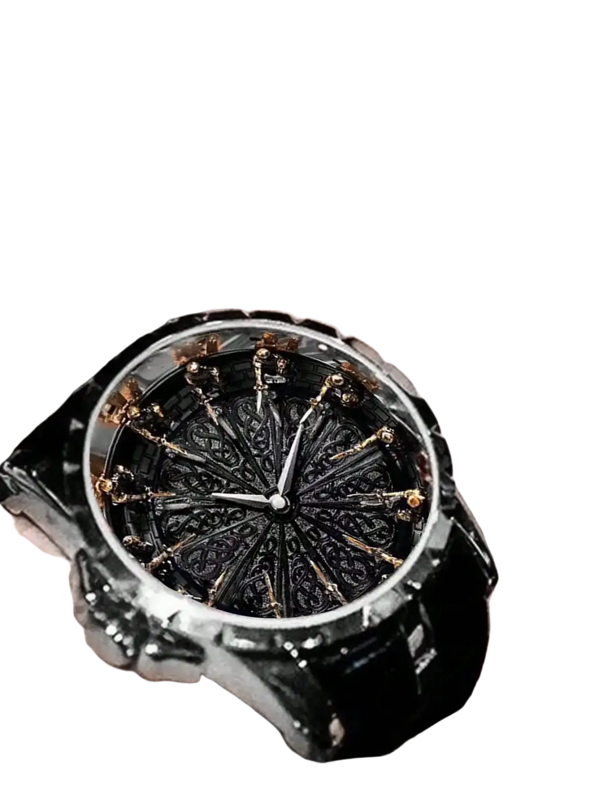 Men skeleton quartz watch with black and gold ornate skeleton dial and leather strap for elegant style