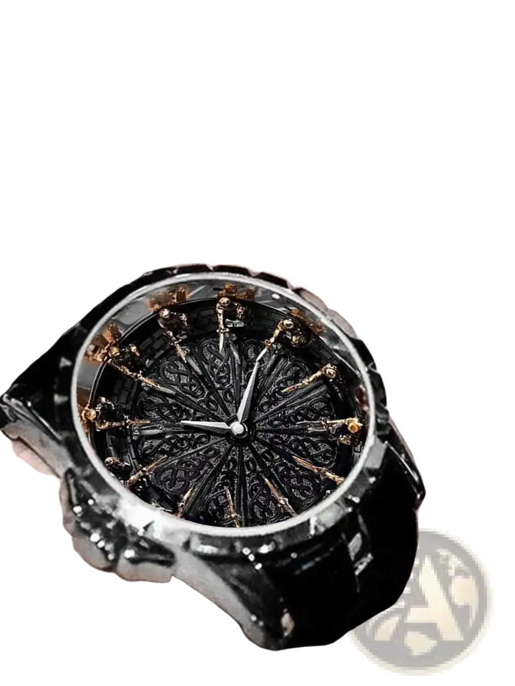 Men skeleton quartz watch with black and gold ornate skeleton dial and leather strap for elegant style