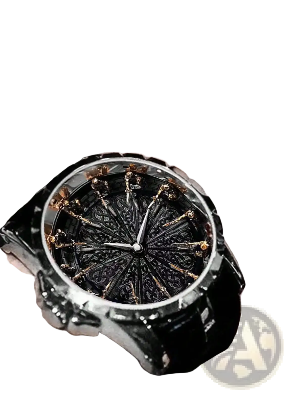 Men skeleton quartz watch with black and gold ornate skeleton dial and leather strap for elegant style
