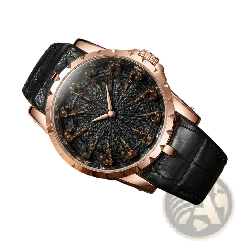 Men skeleton quartz watch with rose gold case, black dial with ornate golden accents, and textured black leather strap