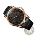 Men skeleton quartz watch with rose gold case, black dial with ornate golden accents, and textured black leather strap