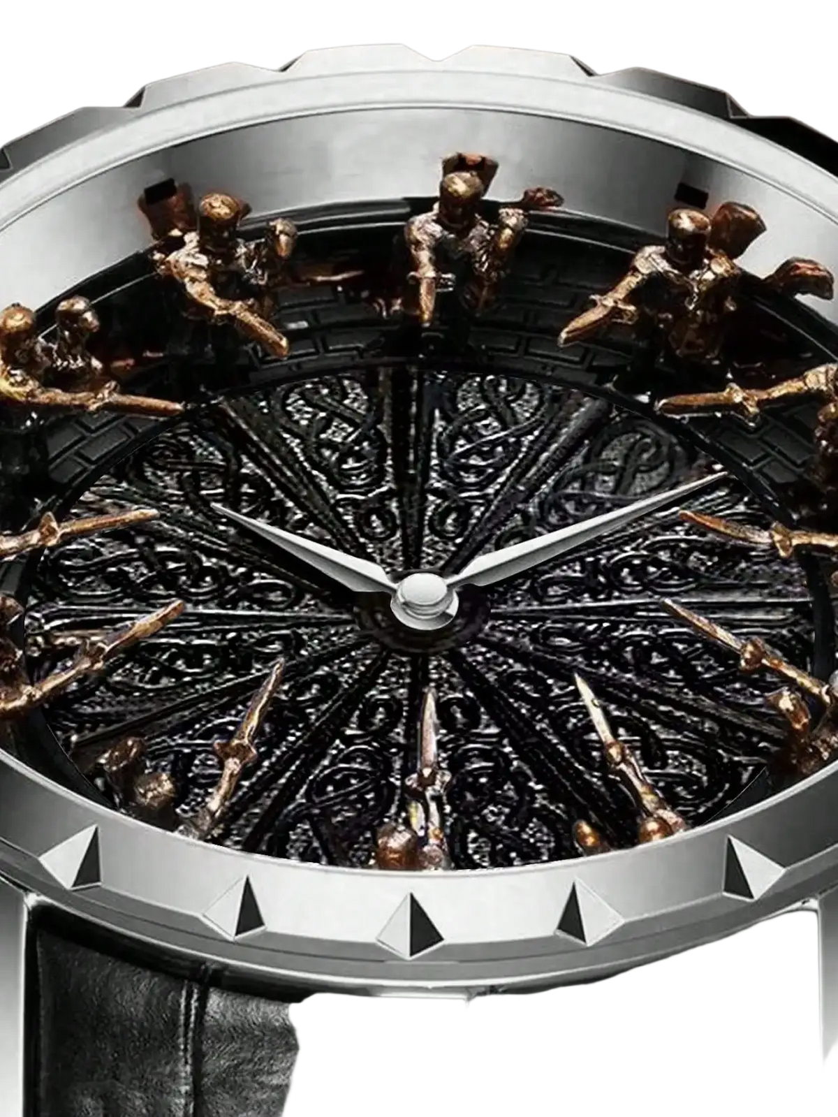 Men skeleton quartz watch leather strap featuring a luxurious black and gold ornate face with bronze figures and silver hands