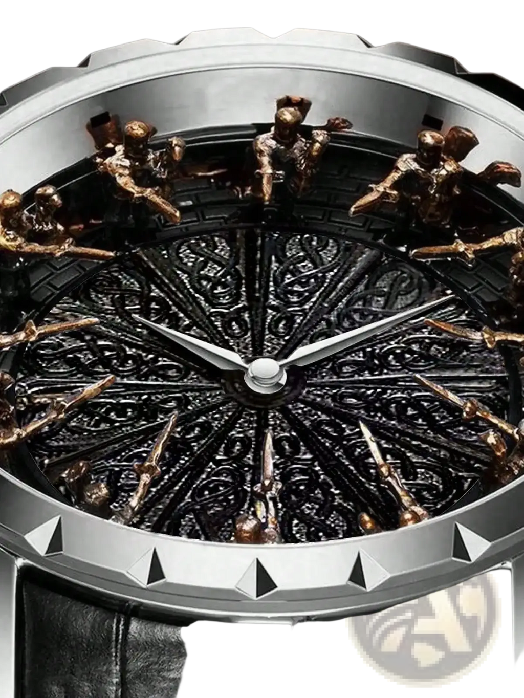 Men skeleton quartz watch leather strap featuring a luxurious black and gold ornate face with bronze figures and silver hands